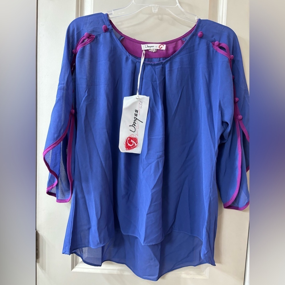 Umgee Royal Blue Blouse with Fuchsia Trim - Picture 3 of 6